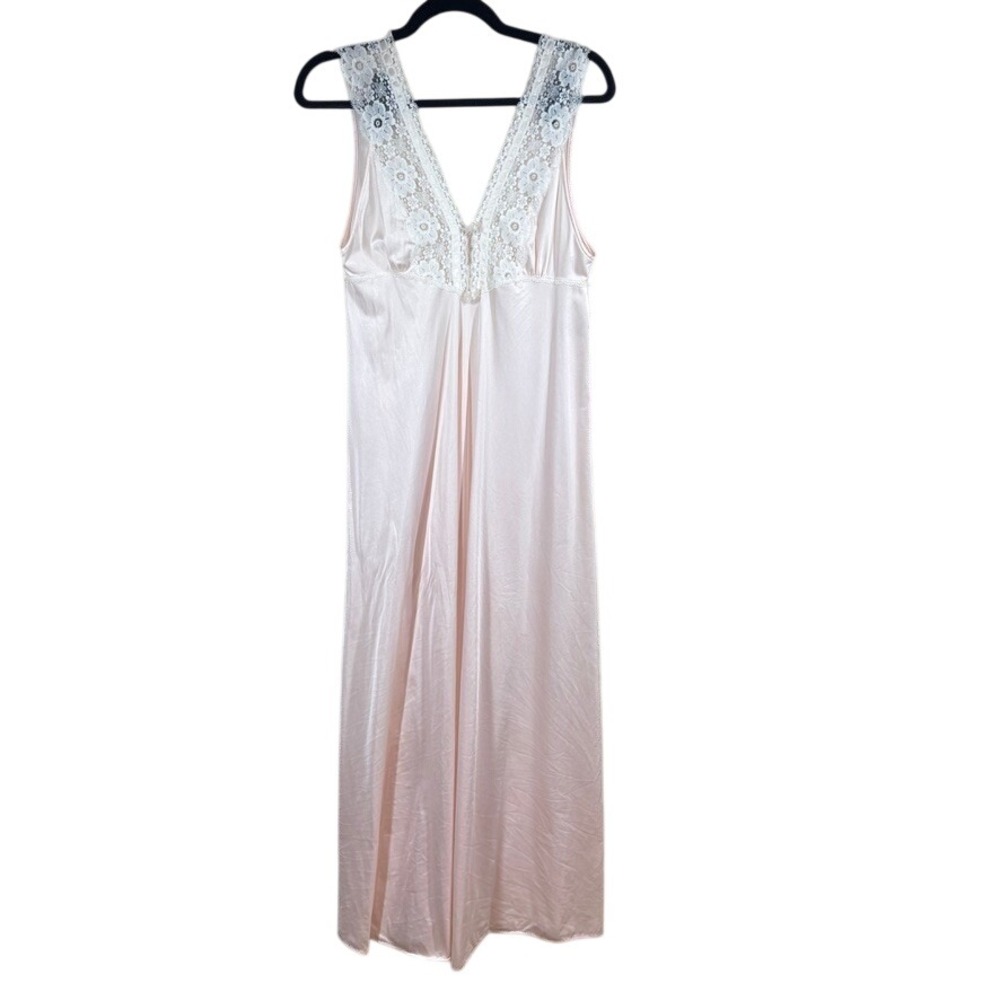 Vtg 80s LORRAINE Pink Satin Lace Nightgown Long Chemise  Regency Glam Coquette
